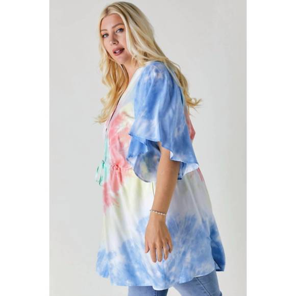 NEW DAVI & DANI tie dye v neck button down cover up top plus in blue - Picture 3 of 3